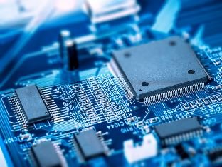 semiconductor chip on a blue circuit board