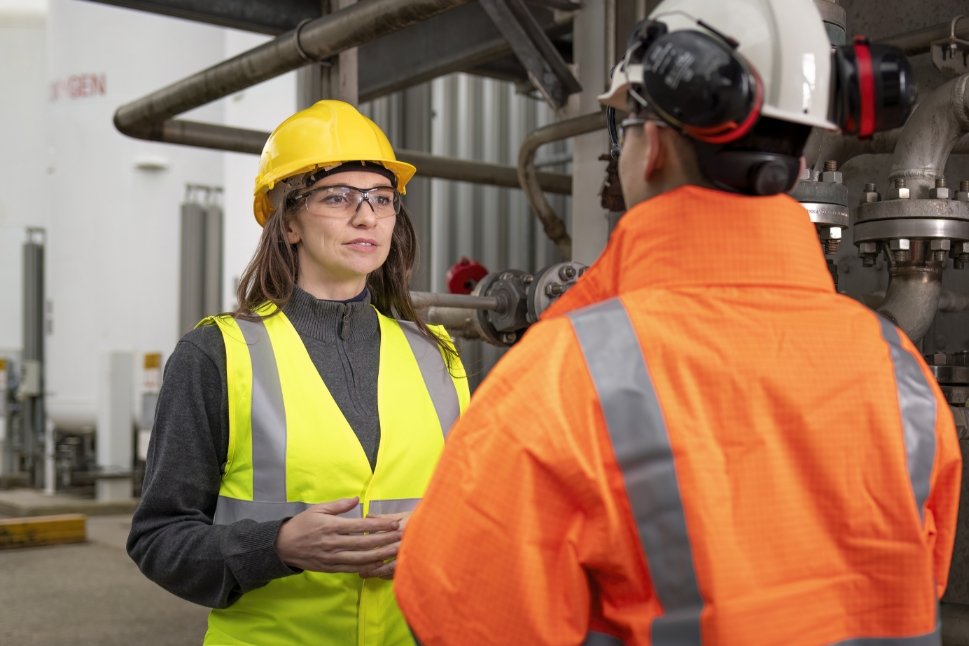 Engineers conversing in front of plant
